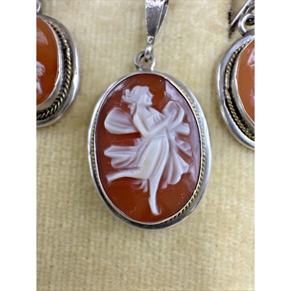 Art Deco Antique Cameo  Earrings Necklace Set 800 Silver Original Box Italy - Picture 4 of 9